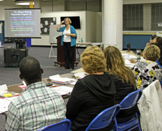 Image: Presenters Mary Weiner, director of Adult Degree Program at Gallaudet University (shown), and Marsha Miceli, director of the Pennsylvania School for the Deaf Student Development and School-Wide Programs, lead the OBPP training for Clerc Center teachers, staff, and parents on August 9-10. (Photo: Susan Flanigan)